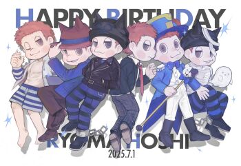 Rule 34 | 15dian (sprl 15), 6+boys, :3, ;3, abs, alternate costume, bandage on hat, bandaged chest, barefoot, beanie, belt, belt buckle, between fingers, black belt, black boots, black eyes, black hat, black jacket, black pants, black shirt, black shoes, blazer, blue bow, blue bowtie, blue coat, blue hat, blue jacket, blue male swimwear, blue pants, blue shirt, blue sleeves, boots, bow, bowler hat, bowtie, brown hat, brown pants, brown shoes, buckle, buttons, character name, cigarette, closed mouth, coat, coattails, collared jacket, collared shirt, commentary request, cuffs, danganronpa (series), danganronpa s: ultimate summer camp, danganronpa v3: killing harmony, dated, dress pants, dress shirt, dress shoes, english text, epaulettes, expressionless, fake horns, feet, floating, forehead, formal clothes, ghost, grey pants, grin, hand on headwear, hands in pockets, happy, happy birthday, hat, head tilt, high-waist pants, high collar, highres, holding, holding baton, holding cigarette, horned headwear, horns, hoshi ryoma, jacket, knee up, lapels, layered sleeves, leather, leather jacket, light blush, light smile, long sleeves, male swimwear, monokuma, multiple boys, multiple persona, mummy costume, necktie, no nipples, notched lapels, official alternate costume, one eye closed, open clothes, open coat, open jacket, orange hair, pants, pectorals, plaid clothes, plaid pants, print headwear, red necktie, school uniform, shackles, shadow, shirt, shoes, short hair, short male, short over long sleeves, short sleeves, single ankle cuff, sitting, sleeve cuffs, smile, sparkle, striped clothes, striped male swimwear, striped pants, striped shirt, striped sleeves, swim trunks, toenails, toes, toned, toned male, top hat, traditional bowtie, two-tone male swimwear, two-tone pants, two-tone shirt, two-tone sleeves, white background, white jacket, white male swimwear, white pants, white sleeves, yellow bow, yellow bowtie, zipper