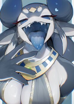 1girl animal_ears armlet blue_eyes blue_tongue breasts chromatic_aberration cleavage colored_skin colored_tongue dragon_ears dragon_girl dragon_tail drooling eyelashes furry furry_female grey_skin highres horns jewelry large_breasts lehner_(pontarowo) looking_at_viewer mouth_focus multicolored_skin open_mouth original pontarowo saliva sharp_teeth solo tail teeth tongue tongue_out two-tone_skin