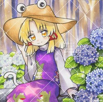 Rule 34 | 1girl, animal print, artist name, blonde hair, blue flower, brown hat, closed mouth, commentary, dated, flower, frog print, hair ribbon, hand on headwear, hat, hydrangea, long sleeves, looking at viewer, maa (forsythia1729), medium hair, moriya suwako, purple skirt, purple vest, red ribbon, ribbon, skirt, skirt set, smile, snake, solo, touhou, traditional media, tress ribbon, vest, watermark, watermark grid, white snake, wide sleeves, yellow eyes