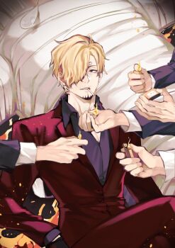 1boy black_gloves black_shirt blonde_hair cigarette collared_shirt commentary crossed_legs curly_eyebrows dpspcat facial_hair formal_clothes gloves goatee hair_over_one_eye holding holding_lighter holding_matchstick lighter looking_to_the_side malena_(movie) multiple_boys mustache nose_bubble one_piece out_of_frame roronoa_zoro sanji_(one_piece) shirt short_hair suit