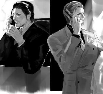 Rule 34 | 2boys, ahoge, beard, cellphone, cigarette, commentary request, dojima daigo, facial hair, flip phone, formal clothes, greyscale, hair slicked back, holding, holding cigarette, jacket on arm, male focus, mine yoshitaka, monochrome, multiple boys, necktie, phone, pinstripe pattern, pinstripe suit, ryuu ga gotoku (series), ryuu ga gotoku 3, suit, talking on phone, tyag53