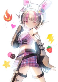 1girl ;) animal_ears animal_helmet arm_belt arm_strap backlighting bare_shoulders belt black_arm_warmers black_belt black_collar black_straps bloom blunt_bangs blush breasts chain chain_bracelet closed_mouth collar colored_inner_hair cowboy_shot crop_top cross-laced_clothes cross-laced_top fake_animal_ears fang flame_print food from_below fruit grey_hair hand_up heart heart_sticker helmet highres leg_tattoo light_particles lightning_bolt_symbol looking_at_viewer looking_back loose_belt makaino_ririmu makaino_ririmu_(6th_costume) medium_breasts midriff miniskirt multicolored_hair multiple_belts nijisanji no_jacket o-ring o-ring_thigh_strap one_eye_closed pink_hair pink_skirt pink_streaks plaid_clothes plaid_skirt pleated_skirt rabbit_ears raised_eyebrow red_eyes short_hair simple_background skin_fang skirt sleeveless smile solo space_helmet sparkle standing star_(symbol) star_sticker sticker strawberry streaked_hair studded_belt tattoo thigh_strap tuzuriii_xx twisted_torso two-tone_hair virtual_youtuber white_background white_helmet wolf_cut