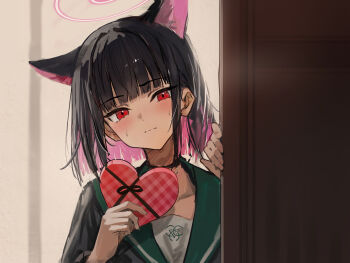 Rule 34 | 1girl, animal ears, black choker, black hair, black jacket, blue archive, box, cat ears, cat girl, choker, closed mouth, colored inner animal ears, colored inner hair, commentary, extra ears, green sailor collar, halo, heart-shaped box, hidulume, highres, holding, holding box, jacket, kazusa (blue archive), looking at viewer, multicolored hair, pink hair, pink halo, red eyes, sailor collar, short hair, solo, two-tone hair