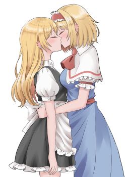 2girls alice_margatroid apron back_bow black_skirt black_vest blonde_hair blue_dress blush bow breasts capelet closed_eyes commentary_request dress frilled_apron frilled_hairband frilled_skirt frills hairband highres kirisame_marisa kiss kiyo_(tomoki6107) lolita_hairband multiple_girls puffy_short_sleeves puffy_sleeves red_hairband short_sleeves simple_background skirt touhou vest waist_apron white_apron white_background white_bow white_capelet yuri