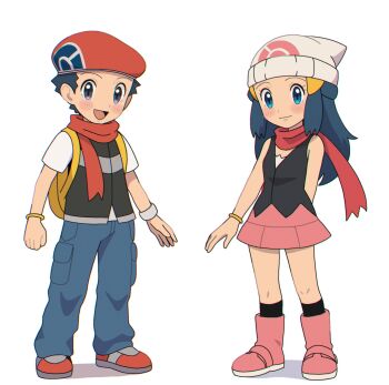 Rule 34 | 1boy, 1girl, :d, backpack, bag, beanie, black hair, black shirt, black socks, blue eyes, blush, boots, bracelet, chibi, chibi only, closed mouth, dawn (pokemon), eyelashes, hair ornament, hairclip, hat, highres, jewelry, knees, long hair, lucas (pokemon), nakikot t, nintendo, open mouth, pants, pink boots, pink skirt, pokemon, pokemon dppt, red hat, red scarf, scarf, shirt, shoes, short hair, short sleeves, sidelocks, skirt, sleeveless, sleeveless shirt, smile, socks, standing, t-shirt, tongue, vest, white background, white shirt, yellow bag