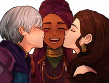 1boy 2girls absurdres ashe_ubert ashe_ubert_(timeskip) bisexual_female blush brown_hair closed_eyes dark-skinned_female dark_skin dorothea_arnault dorothea_arnault_(timeskip) earrings facing_another facing_viewer fire_emblem fire_emblem:_three_houses forehead grey_hair happy highres jewelry kiss kissing_cheek long_hair multiple_girls nintendo open_mouth petra_macneary petra_macneary_(timeskip) purple_hair sethkiel short_hair simple_background teeth tongue white_background