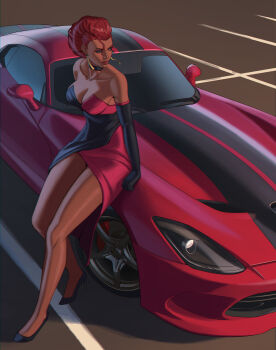 1girl absurdres bare_legs bare_shoulders black_shoes breasts car commentary crimson_viper crimson_viper_(sf6_outfit_3) dark-skinned_female dark_skin dress earrings elbow_gloves erzomori gloves green_eyes high_heels highres jewelry large_breasts leaning_against_vehicle looking_to_the_side motor_vehicle official_alternate_costume official_alternate_hairstyle red_hair shoes solo strapless strapless_dress street_fighter street_fighter_6 tassel tassel_earrings thighs two-tone_dress