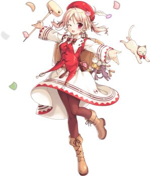 1girl agnes_boulange ahoge animal_earrings artist_request artistic_error backpack bag belt beret boots bow breasts cat feathers full_body game_cg hat highres legend_clover light_blush official_art one_eye_closed open_mouth pink_eyes shukufuku_no_campanella skirt solo stuffed_animal stuffed_toy third-party_source transparent_background