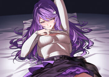 1girl :q absurdres arm_behind_head arm_up bed_sheet belt black_belt breasts cat_hair_ornament cleavage_cutout closed_mouth clothing_cutout commentary covered_erect_nipples cowboy_shot dark hair_flowing_over hair_ornament hair_spread_out hairpin half-closed_eyes hand_up highres ksp_(vtuber) licking_lips long_hair looking_at_viewer lying medium_breasts meridian_project on_back out-of-frame_censoring panties pantyshot pillow purple_eyes purple_hair purple_panties purple_skirt ribbed_sweater ryoyu_(ryoyustarlight) seductive_smile skirt smile solo sweater tongue tongue_out turtleneck turtleneck_sweater underwear v-shaped_eyebrows virtual_youtuber white_sweater