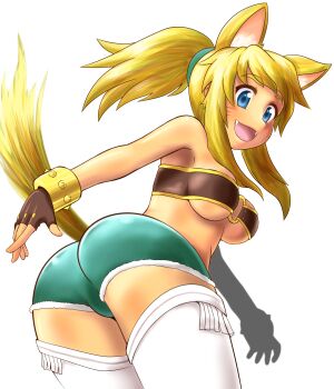 1girl animal_ears ass blonde_hair blue_eyes dark-skinned_female dark_skin extra_ears fangs female_focus highres liru m.m renkin_san-kyuu_magical_pokaan solo tail wolf_ears wolf_tail