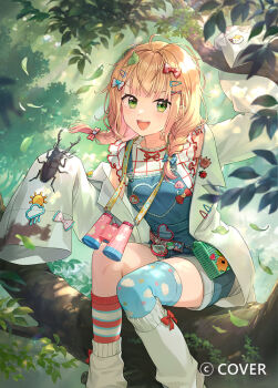 Rule 34 | 1girl, :d, ahoge, asymmetrical legwear, beetle, binoculars, blonde hair, blue overalls, blue thighhighs, braid, bug, coat, commentary request, copyright notice, day, denim, denim overalls, falling leaves, frilled shirt, frills, green eyes, grid print, hololive, in tree, insect, kneehighs, lab coat, leaf, leg warmers, long hair, looking at viewer, low twin braids, messy hair, mismatched legwear, momosuzu nene, momosuzu nene (7th costume), official alternate costume, official alternate hairstyle, official art, open mouth, outdoors, overall shorts, overalls, red socks, rhinoceros beetle, shirt, single kneehigh, single sock, single thighhigh, sitting, sitting in tree, sleeves past fingers, sleeves past wrists, smile, socks, solo, striped clothes, striped socks, teeth, thighhighs, tree, twin braids, umieekaki, uneven legwear, upper teeth only, virtual youtuber, white coat, white leg warmers, white shirt