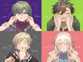 Rule 34 | 2boys, 2girls, :t, ^ ^, anger vein, angry, apron, bangs pinned back, black eyes, black jacket, blonde hair, blue dress, bow, bow hairband, bright pupils, brown eyes, character name, cheek pinching, cheek poking, closed eyes, closed mouth, color coordination, commentary request, couple, double-parted bangs, dress, facing viewer, flower symbol, green background, green hair, green hoodie, grey background, hair between eyes, hair ornament, hairband, hairclip, hands on another's wrists, highres, hood, hood down, hooded jacket, hoodie, jacket, kagerou project, kano shuuya, kido tsubomi, kozakura marry, long hair, long sleeves, looking at viewer, mokemoke chan, multiple boys, multiple girls, numbered, open mouth, out of frame, pinching, pink background, pink bow, pink hairband, poking, portrait, purple background, purple hoodie, seto kousuke, short hair, simple background, smile, turtleneck, wavy hair, white apron, white pupils