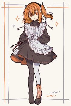1girl a.i._voice adachi_rei alternate_costume apron boots cable colored_eyelashes commentary_request drawstring dress enmaided expressionless full_body gloves hair_ribbon headphones high_collar highres lace-up_boots long_sleeves looking_to_the_side maid multicolored_pantyhose okura_0915 one_side_up orange_eyes orange_hair own_hands_together pocket ribbon shoes short_hair single_shoe solo turtleneck utau