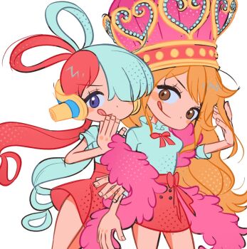 Rule 34 | 2girls, :q, bow, bowtie, breasts, brown eyes, closed mouth, coat, commentary, cowboy shot, crown, fur coat, hair over one eye, hair rings, hashtag-only commentary, headphones, long hair, looking at viewer, miniskirt, multicolored hair, multiple girls, musical note, nami (one piece), official alternate costume, one piece, orange hair, pink coat, red bow, red bowtie, red hair, red skirt, shirt, shunut (shewnut ), simple background, skirt, symbol-only commentary, tongue, tongue out, two-tone hair, uta (one piece), wavy hair, white hair, white shirt