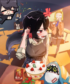 4girls anger_vein bangboo_(zenless_zone_zero) birthday birthday_cake black_hair black_shoes black_sweater_vest blonde_hair blue_necktie blue_skirt blush box breasts brown_hair cake cardigan colored_inner_hair commentary confetti covering_own_mouth ellen_joe english_commentary fins fish_tail food fruit gift gift_box glasses hairband highres imaweedman01 large_breasts lynn_(zenless_zone_zero) monna_(zenless_zone_zero) multicolored_hair multiple_girls necktie open_mouth orange_cardigan party_popper pointing pointing_at_another red_eyes red_hairband ruby_(zenless_zone_zero) scar scar_on_tail school_uniform shark_girl shark_tail sharkboo_(zenless_zone_zero) sharp_teeth shoes short_hair sitting skirt sleeves_rolled_up spoken_character standing standing_on_one_leg strawberry sweater_vest table tail tearing_up teeth zenless_zone_zero