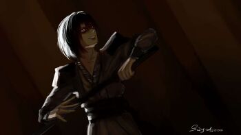 1boy arm_up backlighting bags_under_eyes black_hair black_robe black_tunic cowboy_shot crazy_grin dark highres looking_to_the_side male_focus robe sayg15000 shadow_slave short_hair shoulder_pads solo sunny_(shadow_slave) tunic