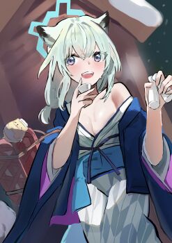 1girl absurdres animal_ears bath_yukata blue_archive blush breasts choko_(cup) commentary_request cup halo hanten_(clothes) highres holding holding_cup japanese_clothes kimono medium_hair obi official_alternate_costume sash shigure_(blue_archive) shigure_(hot_spring)_(blue_archive) single_bare_shoulder sirokuma_(cwje7372) smile solo tail tokkuri weasel_ears weasel_girl weasel_tail yukata