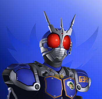 1boy armor blue_armor blue_helmet close-up commentary_request helmet hokuto_(hokuto_pk) kamen_rider kamen_rider_agito_(series) kamen_rider_g3-x multicolored_armor radio_antenna red_eyes silver_armor solo tokusatsu upper_body