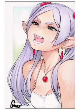 1girl alternate_costume artist_name bad_id bad_twitter_id bare_shoulders border breasts camisole collarbone earrings elf fangs floating_earrings frieren green_eyes grey_hair hair_bobbles hair_ornament jewelry long_hair long_pointy_ears looking_ahead necklace omar_dogan open_mouth pointy_ears scan short_eyebrows signature small_breasts solo sousou_no_frieren teardrop_earrings tongue traditional_media twintails upper_body v-shaped_eyebrows white_border white_camisole
