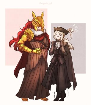 &gt;_&lt; 2girls amputee ascot blonde_hair bloodborne boots closed_eyes covered_eyes elden_ring fromsoftware gloves hat hat_feather height_difference helmet helmet_over_eyes highres lady_maria_of_the_astral_clocktower long_hair long_sleeves malenia_blade_of_miquella mechanical_arms miqueliafantasia multiple_girls ponytail prosthesis prosthetic_arm prosthetic_leg smile triple_amputee winged_helmet