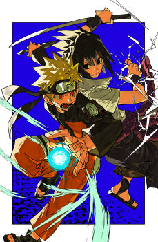 2boys absurdres back-to-back black_eyes black_hair black_jacket black_pants blonde_hair blue_background border commentary electricity energy_ball facial_mark forehead_protector highres holding holding_sword holding_weapon jacket katana kunai male_focus multiple_boys naruto_(series) naruto_shippuuden orange_jacket orange_pants pants rasengan red_eyes shirt short_hair simple_background slit_pupils sword symbol-only_commentary uchiha_sasuke uzumaki_naruto weapon whisker_markings white_border white_shirt xi_luo_an_ya