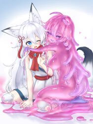 Rule 34 | 2girls, animal ears, blue eyes, blush, breasts, commission, curss, dissolving clothes, dress, fox ears, fox girl, fox tail, hair ornament, highres, long hair, looking at viewer, monster girl, multiple girls, one eye closed, original, purple eyes, red scarf, scarf, skeb commission, slime girl, smoke, tail, thighhighs, white dress, white hair