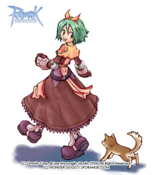 1girl 2000s_(style) baby_animal bad_id black_eyes boots bow brown_capelet brown_dress capelet commentary_request copyright_notice couter dated_commentary desert_wolf_(ragnarok_online) dog dress floral_print full_body green_hair hair_bow korean_commentary logo looking_at_viewer looking_back lowres monster_gogo official_art open_mouth orange_bow puppy ragnarok_online rose_print simple_background smile solo swordsman_(ragnarok_online) walking white_background wolf