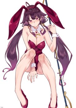 1girl animal_ears atelier_(series) atelier_sophie atelier_sophie_2 blush breasts cape collar commentary detached_collar embarrassed fake_animal_ears full_body high_heels highres holding holding_polearm holding_weapon large_breasts leotard playboy_bunny polearm pout purple_eyes purple_hair qmmparabellum rabbit_ears ramizel_erlenmeyer red_leotard red_shoes shoes solo strapless strapless_leotard twintails weapon white_collar wrist_cuffs