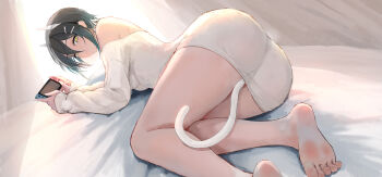 1girl absurdres ass azur_lane bare_shoulders barefoot black_hair closed_mouth commentary_request dress ear_piercing feet foot_out_of_frame gradient_hair green_hair hair_between_eyes handheld_game_console highres holding holding_handheld_game_console horns legs looking_at_viewer lying multicolored_hair nintendo_switch off-shoulder_sweater off_shoulder on_side piercing short_hair sidelocks solo suo_bu_ye_feng sweater sweater_dress switch tail thighs two-tone_hair ulrich_von_hutten_(azur_lane) white_horns white_sweater yellow_eyes