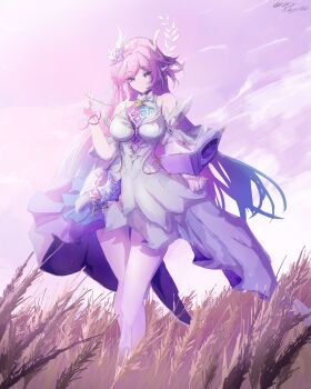 1girl absurdres aqua_hair bare_shoulders book breasts cyrene_(honkai:_star_rail) cyrene_(ripples_of_past_reverie)_(honkai:_star_rail) flower gradient_hair hair_flower hair_ornament highres honkai:_star_rail honkai_(series) large_breasts long_hair multicolored_hair open_book outdoors pink_hair pointy_ears purple_eyes rika-kiyoshi sky solo thighs two-tone_hair very_long_hair wheat wheat_field