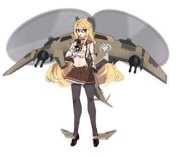 1girl airplane_wing aqua_eyes bare_shoulders black-framed_eyewear black_choker black_pantyhose blonde_hair brown_skirt choker command_&amp;_conquer crop_top cup ddt_(darktrident) disposable_cup drinking female_focus full_body glasses gloves hammerhead_(ddt_(darktrident)) helicopter_tail highleg holding long_hair looking_at_viewer mecha_musume mechanical_ears midriff miniskirt navel pantyhose personification pleated_skirt sailor_collar shirt shoes simple_background skirt sleeveless sleeveless_shirt solo standing stomach turret very_long_hair white_background white_gloves white_shirt