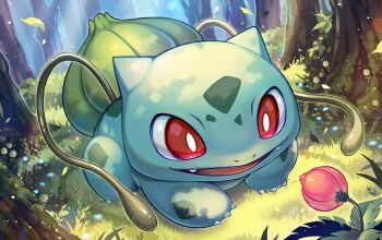 Rule 34 | :d, bright pupils, bulbasaur, claws, commentary request, day, ekusiun, fangs, forest, gen 1 pokemon, grass, happy, nature, nintendo, no humans, open mouth, outdoors, plant, pokemon, pokemon (creature), red eyes, smile, solo, tongue, tree, vines, white pupils