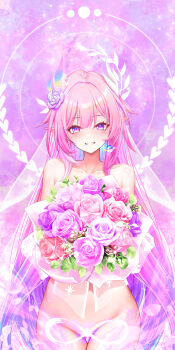1girl absurdres amphoreus_(honkai:_star_rail) bouquet chinese_commentary collarbone commentary_request completely_nude cowboy_shot cyrene_(honkai:_star_rail) cyrene_(ripples_of_past_reverie)_(honkai:_star_rail) diamond-shaped_pupils diamond_(shape) flower gradient_hair grin hair_flower hair_ornament halo halo_behind_head highres holding holding_bouquet honkai:_star_rail honkai_(series) long_hair looking_at_viewer multicolored_hair nude paid_reward_available partial_commentary pink_flower pink_hair pink_rose pointy_ears purple_background purple_eyes purple_flower purple_hair purple_rose rose royboy sidelocks smile solo symbol-shaped_pupils thigh_gap thighs veil very_long_hair white_veil