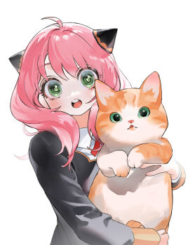 1girl aged_up animal anya_(spy_x_family) black_dress cat dress eden_academy_school_uniform green_eyes hairpods holding holding_animal long_hair multicolored_fur open_mouth orange_fur pink_hair school_uniform sil435 solo spy_x_family teeth tongue
