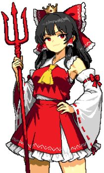 1girl alpha_transparency ascot black_hair bow breasts commentary cowboy_shot crown detached_sleeves english_commentary hair_bow hair_tubes hakurei_reimu hand_on_own_hip holding holding_polearm holding_weapon lowres medium_breasts mini_crown pixel_art polearm red_bow red_eyes red_shirt ribbon-trimmed_sleeves ribbon_trim shirt skirt skirt_set sleeveless sleeveless_shirt smile smirk smug solo touhou transparent_background tremolo_measure trident v-shaped_eyebrows weapon yellow_ascot