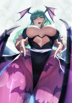 1girl animal_print bare_shoulders bat_print bat_wings blueorca breasts bridal_gauntlets cleavage demon_girl green_eyes green_hair head_wings highres large_breasts leotard long_hair looking_at_viewer morrigan_aensland open_mouth pantyhose print_pantyhose purple_pantyhose smile solo thighs darkstalkers wings
