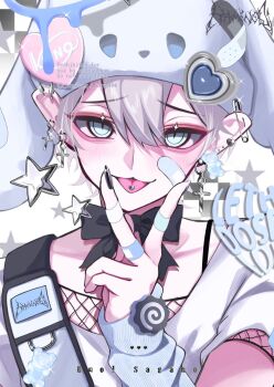 Rule 34 | 1boy, animal hat, bandaid, bandaid on face, bandaid on finger, bandaid on hand, blue eyes, cross, cross earrings, earrings, hat, highres, jewelry, kaminoq, long sleeves, looking at viewer, male focus, original, piercing, pointy ears, safety pin, solo, star (symbol), strap, tongue, tongue out, tongue piercing, v, white hair
