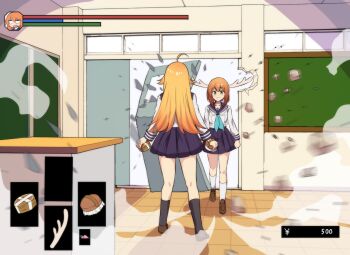 2girls absurdres ahoge antlers black_skirt black_socks blue_sailor_collar bocchi_the_rock! brown_hair dark_souls_(series) deer_cracker gotoh_hitori gotoh_hitori_(tsuchinoko) hair_flaps heads-up_display health_bar highres hinghoi horns indoors kneehighs koshi_torako long_hair miniskirt multiple_girls orange_hair sailor_collar school_uniform serafuku shikanoko_noko shikanoko_nokonoko_koshitantan shirt skirt socks user_interface very_long_hair white_shirt white_socks