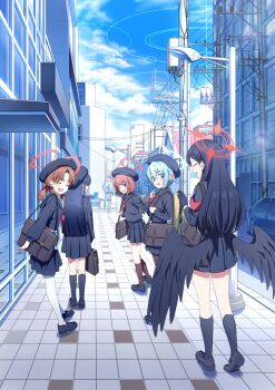 5girls absurdres armband bag bag_charm beret black_bag black_gloves black_hair black_hat black_sailor_collar black_serafuku black_shirt black_shoes black_skirt black_socks black_wings blue_archive blue_eyes blue_hair brown_eyes brown_hair brown_pantyhose brown_socks car charm_(object) closed_eyes commentary_request day facing_another feathered_wings full_body gloves hair_ornament hair_ribbon hairclip halo hat highres holding holding_bag ichika_(blue_archive) justice_task_force_member_(blue_archive) kneehighs korean_commentary leelo325 loafers long_hair long_sleeves looking_at_another low_wings motor_vehicle multiple_girls neckerchief open_mouth outdoors pantyhose parallel_hairclips pleated_skirt pointy_ears power_lines red_armband red_halo red_neckerchief red_ribbon ribbon ring_of_light_(blue_archive) sailor_collar school_bag school_uniform serafuku shirt shoes short_hair short_twintails skirt smile socks sweatdrop twintails utility_pole waving white_pantyhose wings