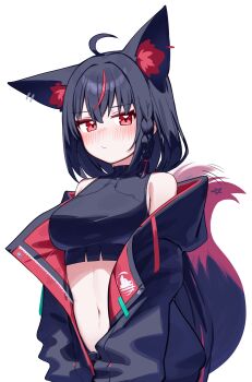 1girl :/ absurdres ahoge animal_ear_fluff animal_ears black_hair black_jacket black_shirt blush braid breasts closed_mouth commentary_request crop_top deaver extra_ears fox_ears fox_girl fox_tail highres hololive jacket kurokami_fubuki large_breasts long_hair looking_at_viewer midriff motion_lines navel off_shoulder open_clothes open_jacket red_eyes shirt side_braid simple_background sleeveless sleeveless_shirt solo tail tail_wagging two-sided_fabric two-sided_jacket upper_body very_long_hair virtual_youtuber white_background