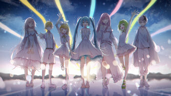 1boy 6+girls :d aqua_eyes aqua_hair black_hair blonde_hair bow commentary_request dress flower_(vocaloid) flower_(vocaloid4) frilled_dress frills full_body green_eyes green_hair green_shoes gumi hair_between_eyes hair_bow hairband hatsune_miku highres ia_(vocaloid) jacket kagamine_len kagamine_rin leg_up long_hair_between_eyes megurine_luka multicolored_hair multiple_girls necojishi open_mouth pink_eyes pink_hair reflection shirt shoes shorts smile socks standing streaked_hair twintails vocaloid white_bow white_dress white_eyes white_hair white_hairband white_jacket white_shirt white_shoes white_shorts white_socks yellow_eyes