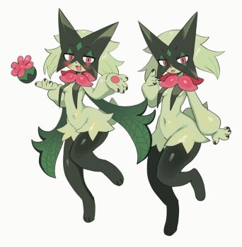 1girl :3 animal_feet animal_nose batrobin_k blush body_fur breasts claws commentary_request fang floating floating_object flower full_body furry furry_female green_fur green_hair hand_up hands_up happy highres knees_together_feet_apart leg_up looking_at_viewer meowscarada multiple_views navel nintendo open_mouth pokemon pokemon_(creature) red_eyes short_hair simple_background slit_pupils small_breasts smile standing standing_on_one_leg stomach thighs tongue white_background wide_hips