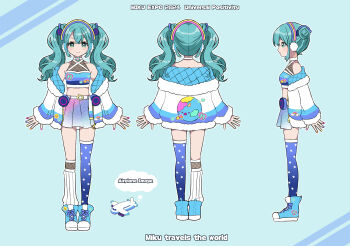 1girl aircraft airplane aqua_eyes aqua_hair asymmetrical_legwear belt blue_shoes blue_thighhighs character_name closed_mouth commentary concept_art contest_winner english_commentary english_text fishnet_socks fishnets full_body gradient_thighhighs hatsune_miku hatsune_miku_expo heart jacket long_hair looking_at_viewer multicolored_skirt narushima_(sugar_star) official_art open_clothes open_jacket pleated_skirt reference_sheet second-party_source shoes single_fishnet_legwear single_thighhigh skirt smile smiley_face sneakers socks star_(symbol) star_print thighhighs twintails vocaloid white_belt white_jacket