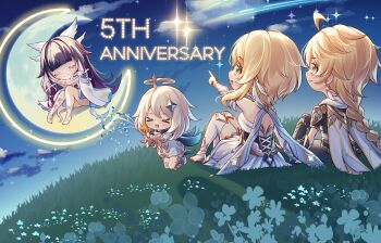 &gt;_&lt; 1boy 3girls aether_(genshin_impact) ahoge bare_shoulders black_hair blonde_hair boots braid braided_ponytail brother_and_sister brown_shirt chibi chibi_only closed_eyes columbina_(genshin_impact) commentary_request crescent_moon crystal_hair_ornament dress earrings eye_mask feather_hair_ornament feathers from_behind genshin_impact hair_ornament halo head_wings highres holding holding_party_popper jewelry knee_up knees_up long_hair lumine_(genshin_impact) mask moon multiple_girls night night_sky on_grass open_mouth outdoors paimon_(genshin_impact) party_popper pointing romper scarf shirt shooting_star short_hair_with_long_locks siblings single_braid single_earring sitting sky sleeping smile thigh_boots very_long_hair white_boots white_dress white_hair white_mask white_romper white_scarf wings yellow_eyes yuno_kaihara