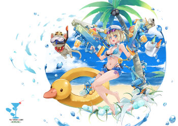 beach bikini blonde_hair blue_eyes blue_hair breasts cat coconut_tree hat highres hikari_(starward) kaze_(starward) looking_at_viewer medium_breasts ocean official_alternate_costume open_mouth palm_tree ranmuraudon sailor_hat short_hair short_shorts shorts smile snorkel starward sunglasses swimsuit tree water_gun