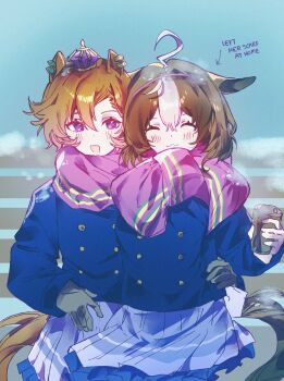 2girls ahoge animal_ears arm_around_waist arrow_(symbol) blue_coat blush brown_hair buttons can closed_eyes closed_mouth coat commentary crown double-breasted double-parted_bangs drink_can english_text gloves hair_between_eyes hairband highres holding holding_can horse_ears horse_girl horse_tail john_uma long_sleeves medium_hair meisho_doto_(umamusume) mini_crown multicolored_hair multiple_girls open_mouth orange_hair orange_tail pink_crown pink_hairband pink_scarf purple_eyes purple_serafuku purple_skirt scarf school_uniform serafuku shared_clothes shared_scarf short_hair skirt smile t.m._opera_o_(umamusume) tail tracen_school_uniform tracen_winter_coat two-tone_hair umamusume white_hair winter_clothes winter_coat winter_uniform yuri