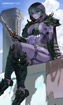 1girl abs absurdres aqua_eyes aqua_hair armor bikini bikini_armor bikini_top_only blue_sky breasts cape chain colored_skin column commentary commission dagger day ears_through_headwear english_commentary foot_out_of_frame green_armor green_scales green_shoes highres holding holding_dagger holding_knife holding_weapon hood hood_up hooded_cape jewelry knife kris_(weapon) kunai large_breasts muscular muscular_female necklace original outdoors park_ongjol parted_bangs parted_lips pillar pointy_ears purple_elf_(letliveandlearn) purple_hood purple_skin purple_straps rogue scar scar_across_eye scar_on_face scar_on_stomach shadow shin_guards shoes short_hair shoulder_armor sitting skull_necklace sky solo stomach swimsuit thief thigh_strap vambraces weapon
