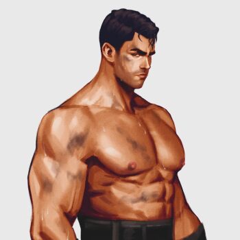 1boy abs arcane:_league_of_legends arcane_jayce areyoucracked bara black_hair closed_mouth dirty dirty_face jayce_(league_of_legends) large_pectorals league_of_legends looking_at_viewer male_focus muscular muscular_male nipples pectorals short_hair simple_background solo sweat topless_male upper_body