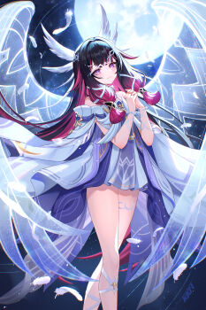Rule 34 | 1girl, absurdres, angel wings, bare shoulders, black hair, closed mouth, columbina (genshin impact), commentary request, dress, full moon, genshin impact, hands up, highres, lalazyt, long hair, long sleeves, looking up, moon, multicolored hair, purple eyes, purple hair, smile, solo, standing, two-tone hair, unusually open eyes, very long hair, white dress, wings