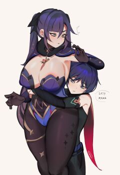 Rule 34 | 1boy, 1girl, absurdres, aged down, aged up, alternate breast size, aqua eyes, arm on another's head, armor, artist name, asymmetrical bangs, black gloves, black hair, black pantyhose, blue eyes, blunt bangs, bodystocking, breasts, cameltoe, cape, choker, cleavage, covered erect nipples, earrings, elbow gloves, english text, eyebrows hidden by hair, eyelashes, fur-trimmed cape, fur collar, fur trim, genshin impact, gloves, gold, gold trim, gradient hair, hair intakes, head on another's back, head tilt, hetero, highleg, highleg leotard, highres, hug, hug from behind, japanese armor, jewelry, kote, kurokote, leotard, long hair, looking at another, looking down, memeh, mona (genshin impact), multicolored hair, pantyhose, parted bangs, ponytail holder, purple hair, purple leotard, red cape, scaramouche (genshin impact), sidelocks, sparkle print, star (symbol), star choker, star earrings, taut clothes, thigh gap, thighhighs, thighlet, thighs, tsurime, twintails, very long hair, vision (genshin impact), wanderer (genshin impact), white background
